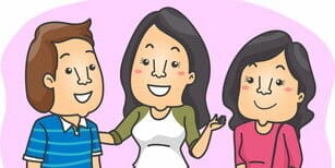 フランスで会話する 3 人の人物の漫画。 フランスで会話する 3 人の人物の漫画。