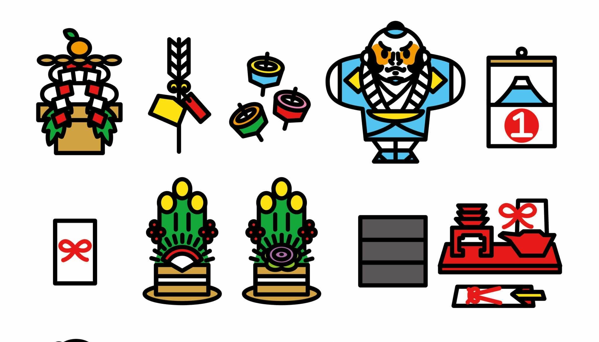 フランスのタッチを加えた日本の祭りのアイコンセット。