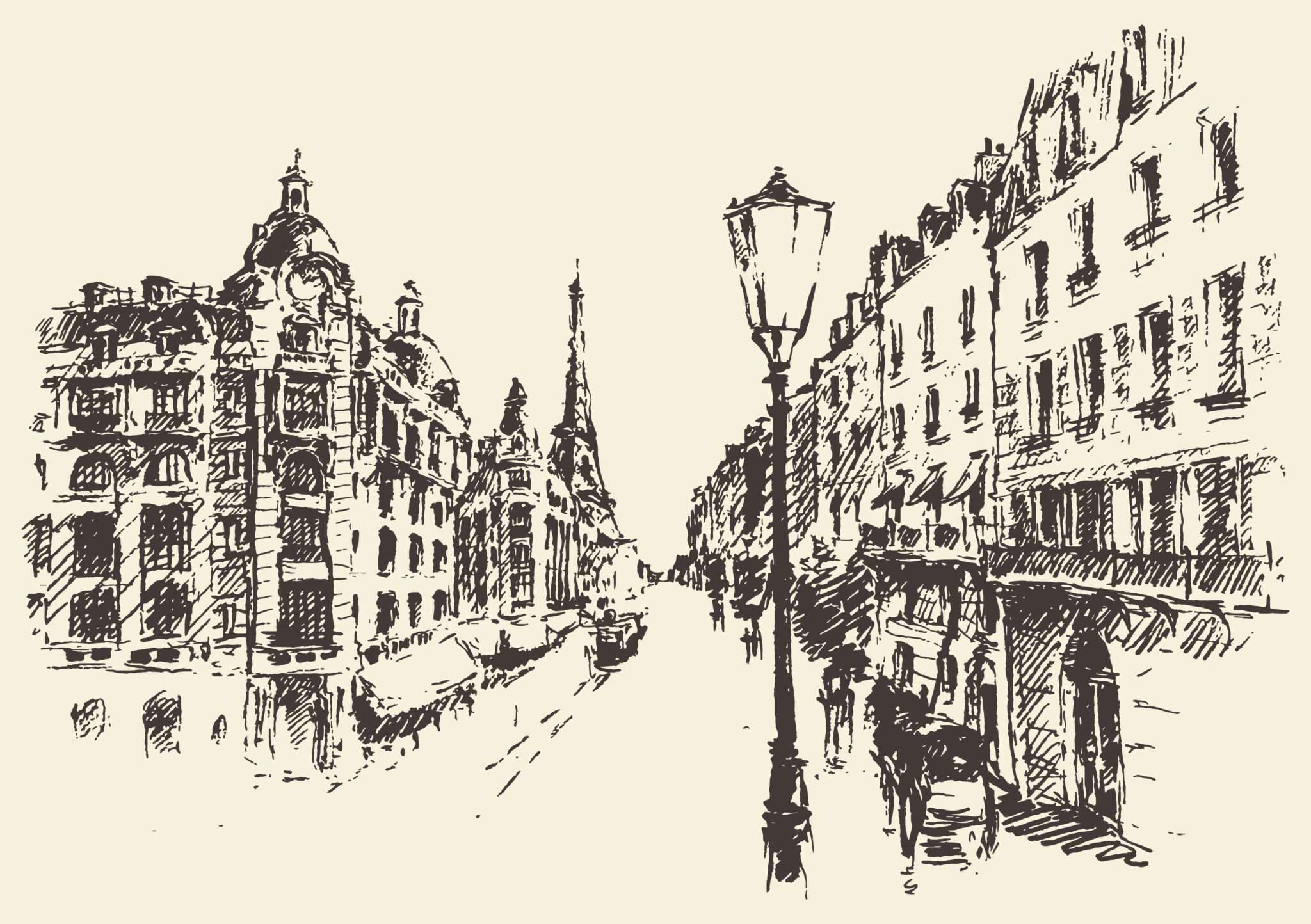 フランスの街路のスケッチ。