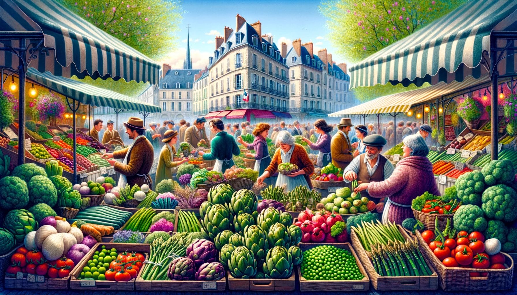 フランスの春の季節に色鮮やかな野菜が並ぶパリの市場の絵。