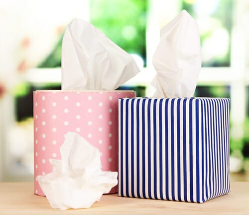 フランスの木製テーブルの上に 2 つのティッシュ ボックス。