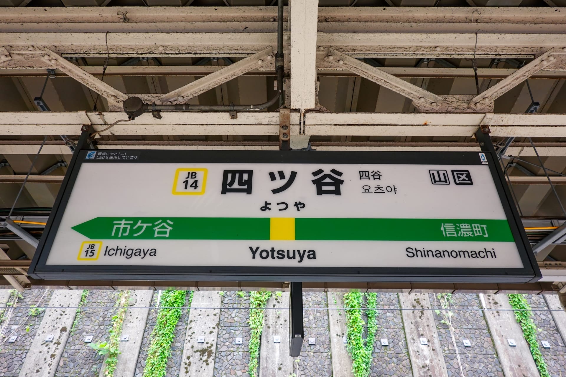 東京の四ツ谷の駅標識。市ヶ谷駅と信濃町駅の日本語の文字と英語のラベルが特徴です。通勤に文化的な雰囲気を加える、フランス語教室マンツーマンなどの近くのサービスに注目するのに最適なスポットです。.