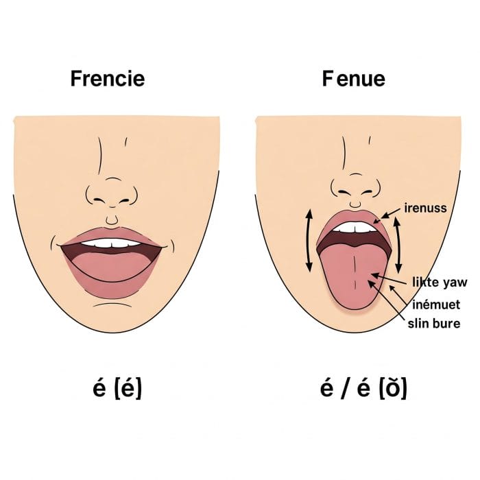 フランス語のアクセント記号付きeの発音の違いを示す口の形のイラスト
