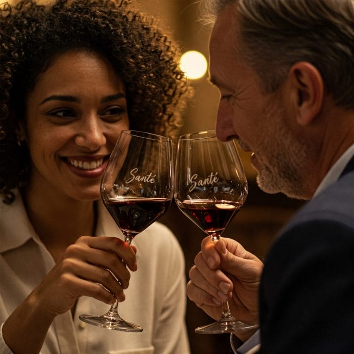 ワイングラスを優しく合わせながらアイコンタクトをとる二人