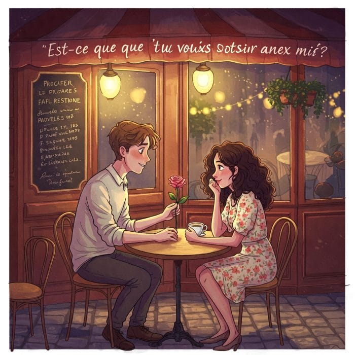 カフェで男性が女性に告白またはデートに誘っているイラスト