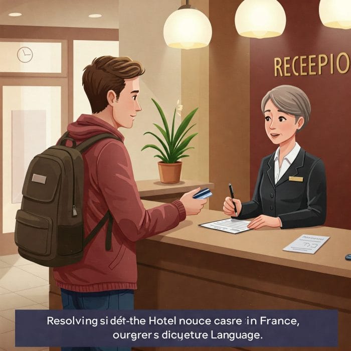ホテルのフロントで荷物を預けている旅行者のイラスト