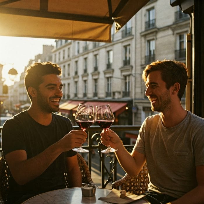 カフェテラスでワイングラスで乾杯する人々