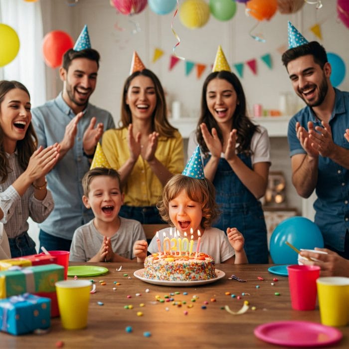 誕生日ケーキを前に喜ぶ人々、または結婚式で祝福される新郎新婦