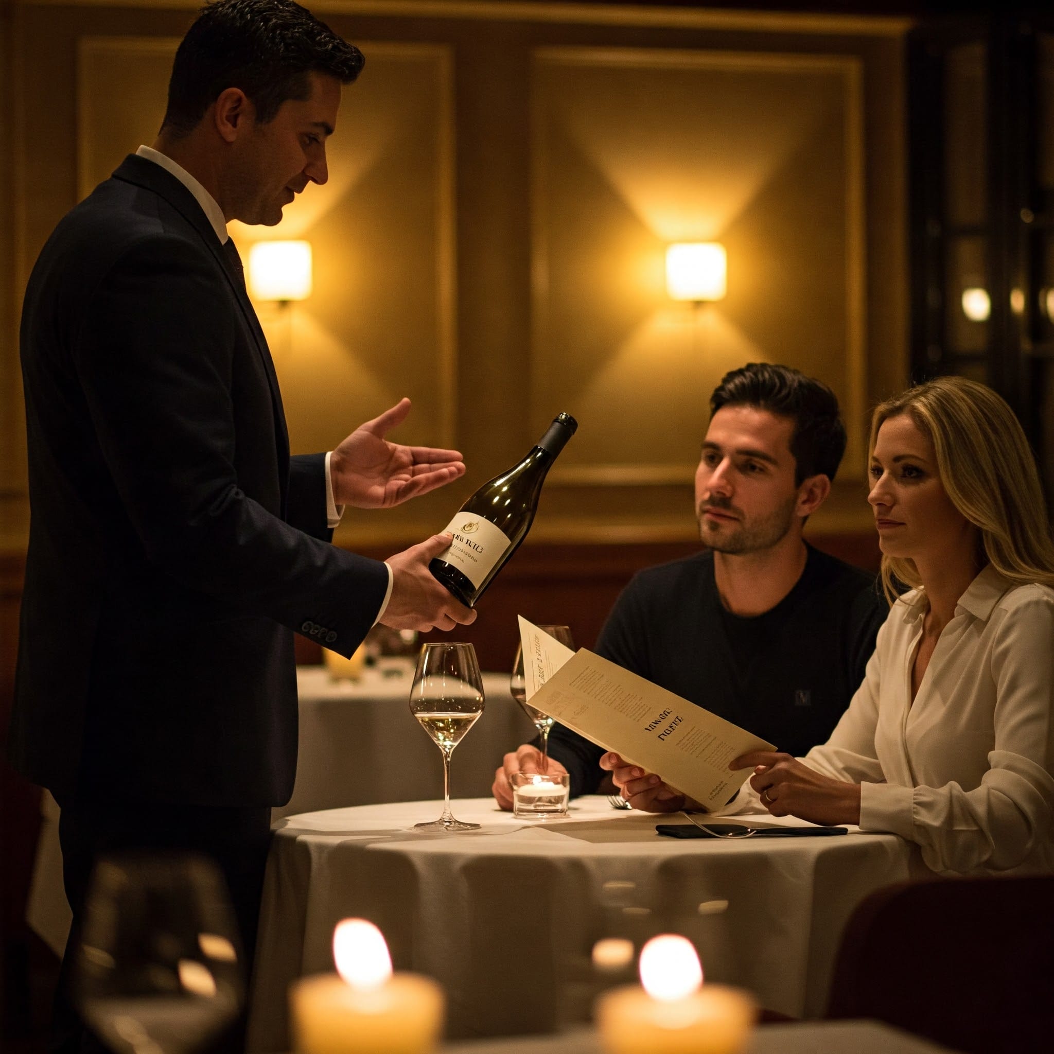 薄暗いレストランで、ウェイターが座っている男性と女性にワインのボトルを差し出している。テーブルの上にはメニューとワイングラスが置かれている。.