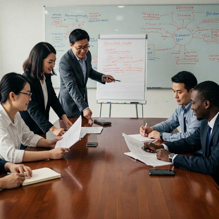 会議室で議論する多国籍なビジネスチーム