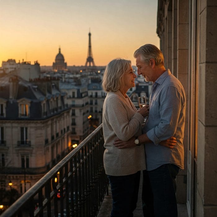 パリの橋の上で寄り添うカップルのロマンチックな写真