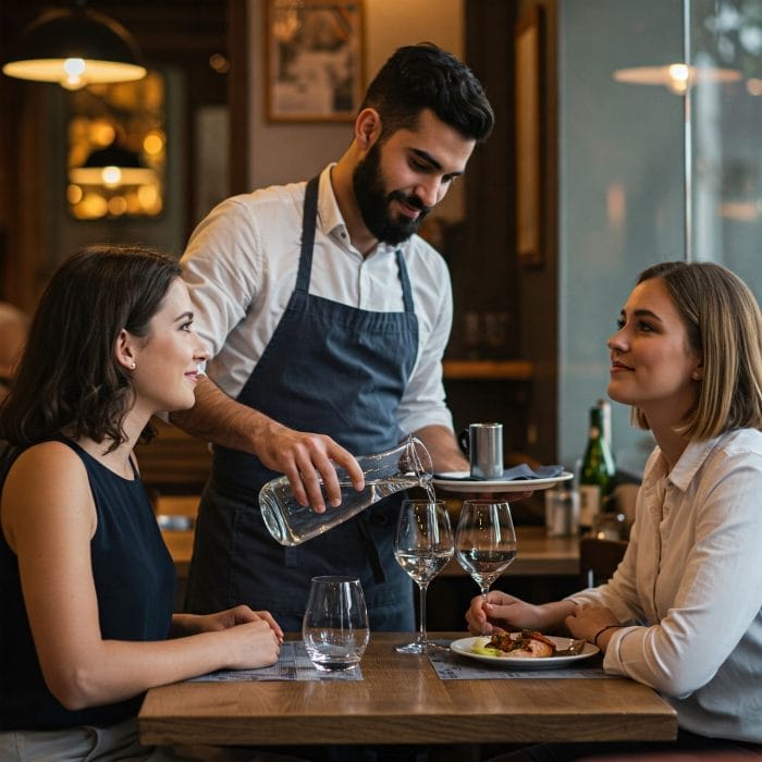 レストランで水のカラフをテーブルに置くウェイターのイラスト