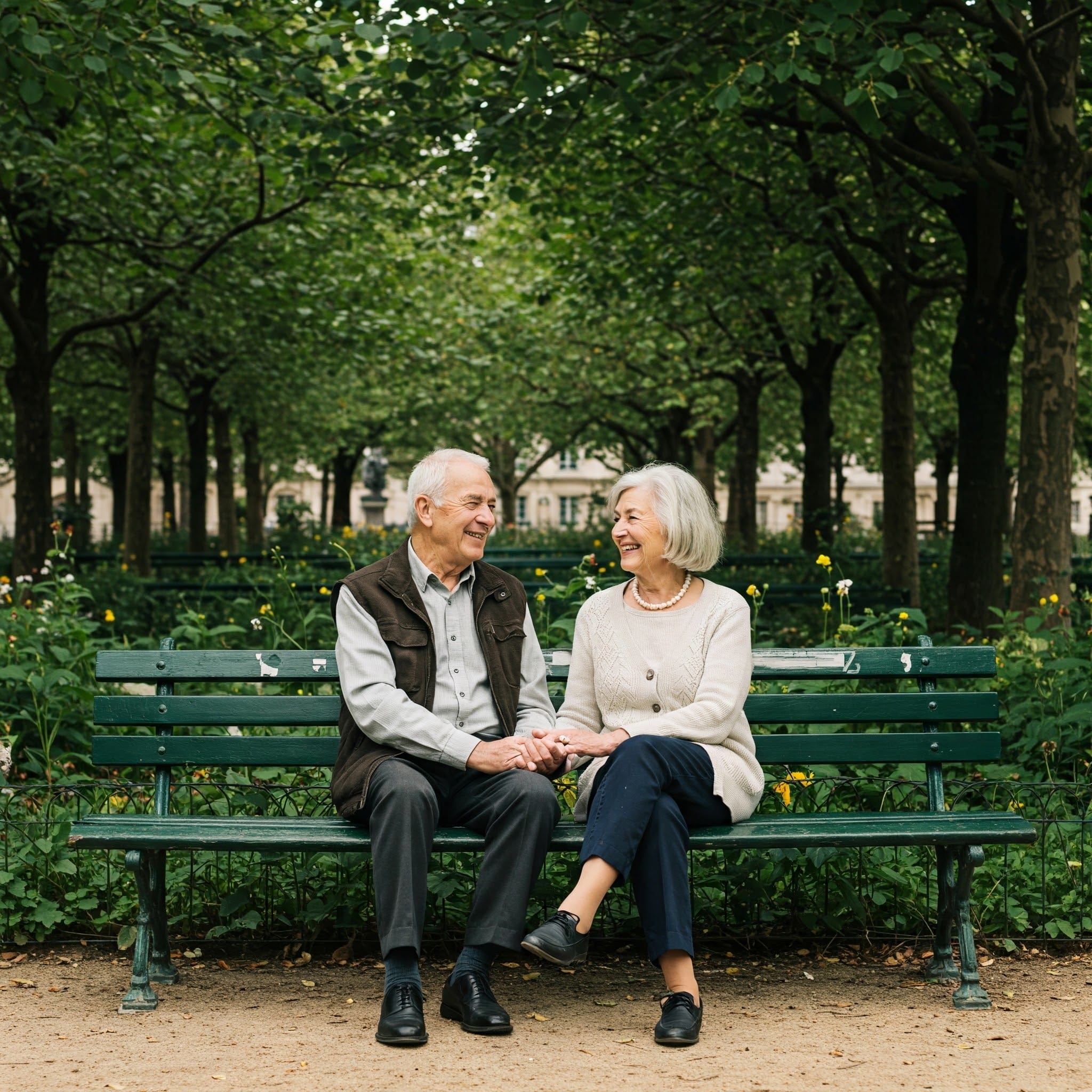 木々や緑に囲まれた公園のベンチに、年配の夫婦が手をつないで微笑み合っています。.
