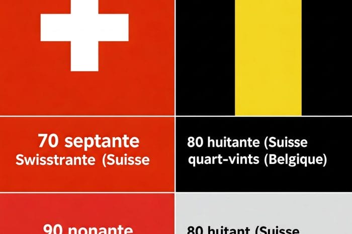 スイス・ベルギー国旗とseptante, huitante, nonanteの文字