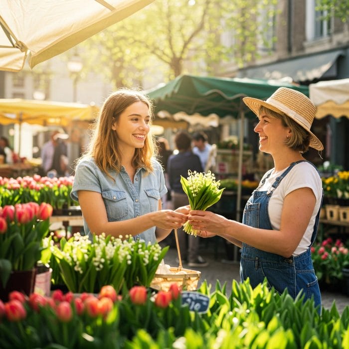マルシェで売られているスズラン(Muguet)の花束