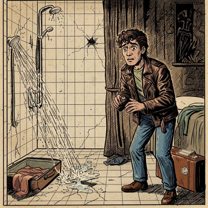 ホテルの部屋で問題（例：壊れたシャワー）を発見して困っている旅行者のイラスト