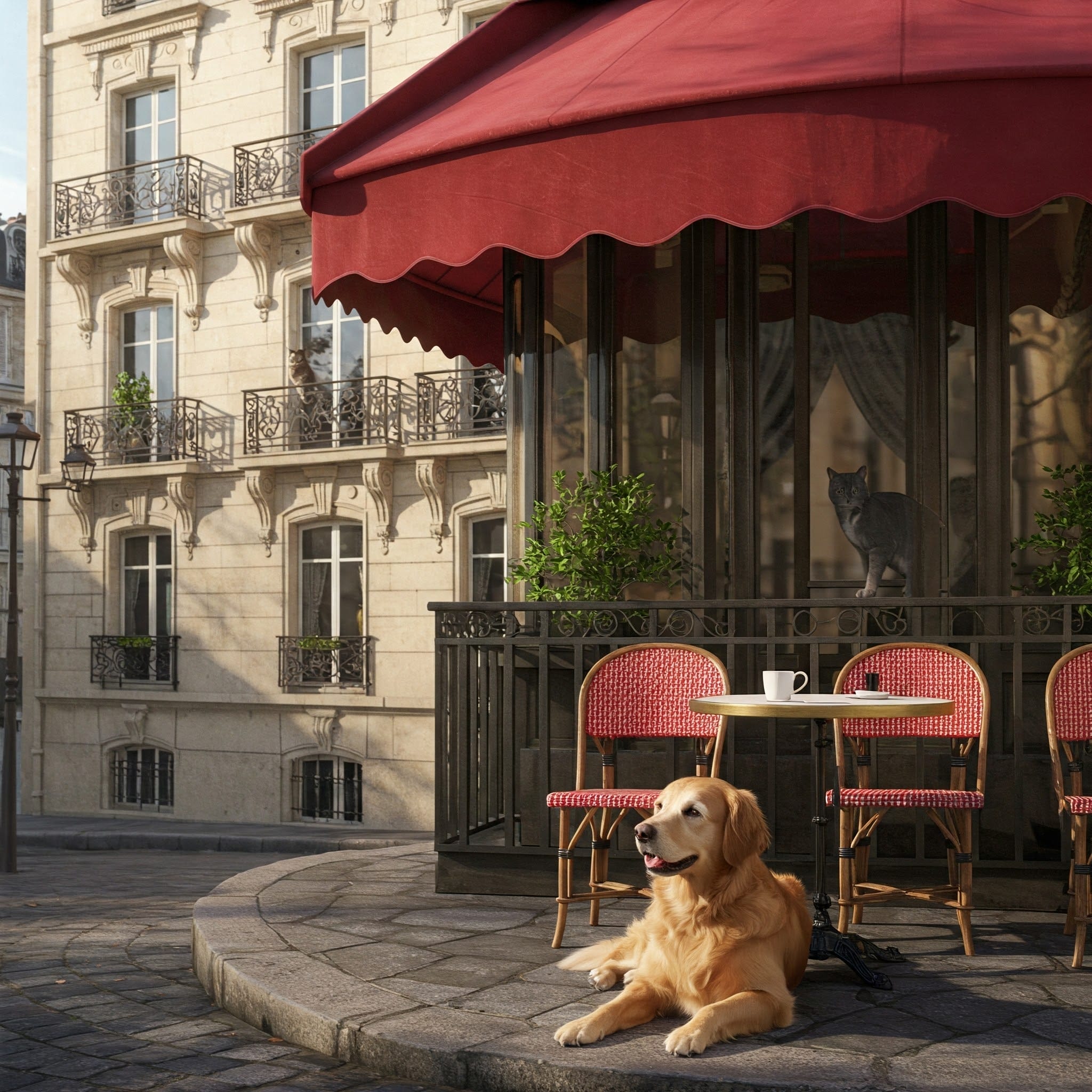 カフェのテーブルとカップの近くの石畳のパティオに、ゴールデンレトリバーが寝そべり、手すりには猫が座っている。背景には赤い日よけと優美な建物が見える。.