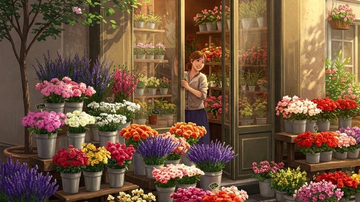 パリの華やかな花屋さんの店先、色とりどりの花が並ぶ様子