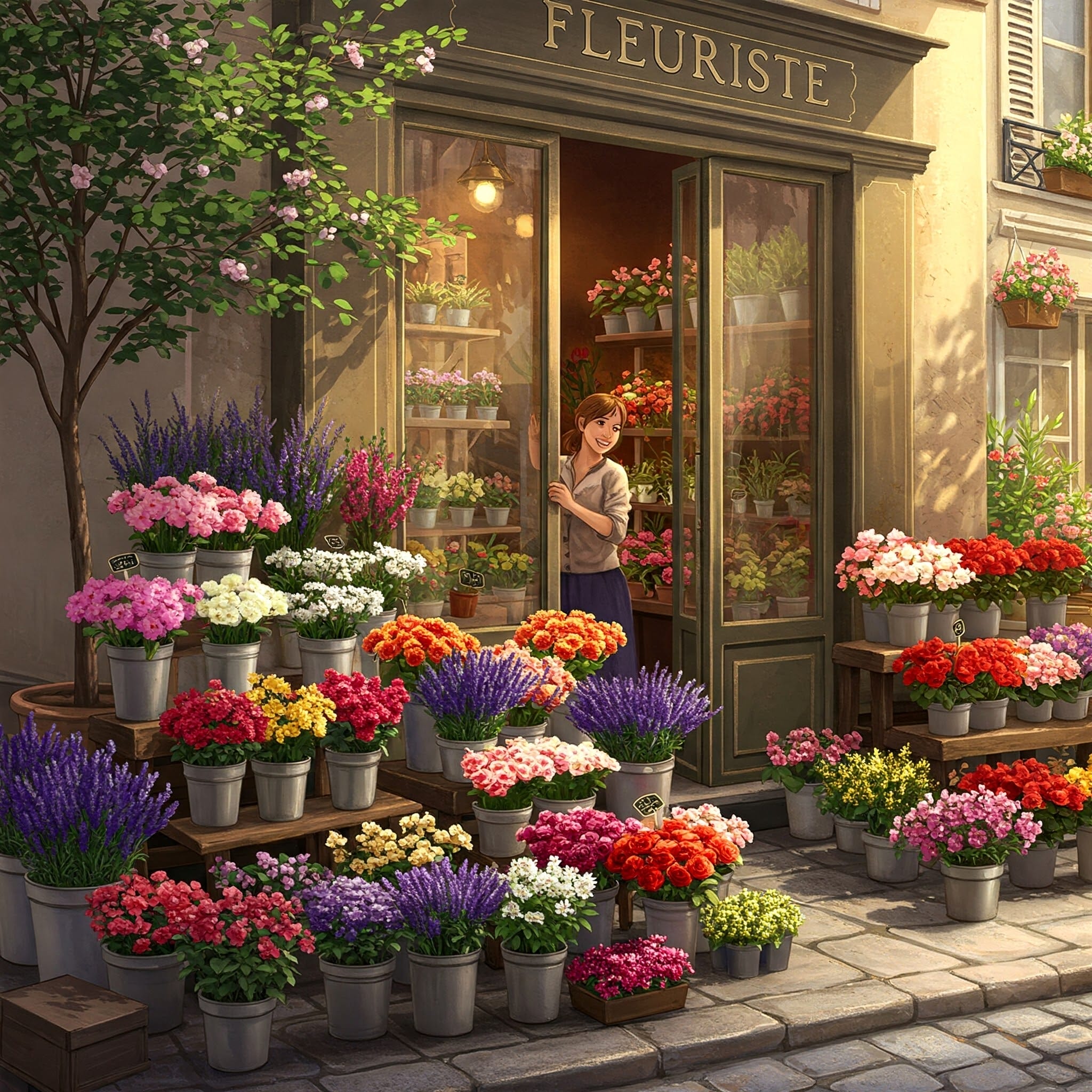 「Fleuriste」と書かれた花屋の入り口に女性が立っている。店の外の石畳の通りには、色とりどりの鉢植えの花が並んでいる。.