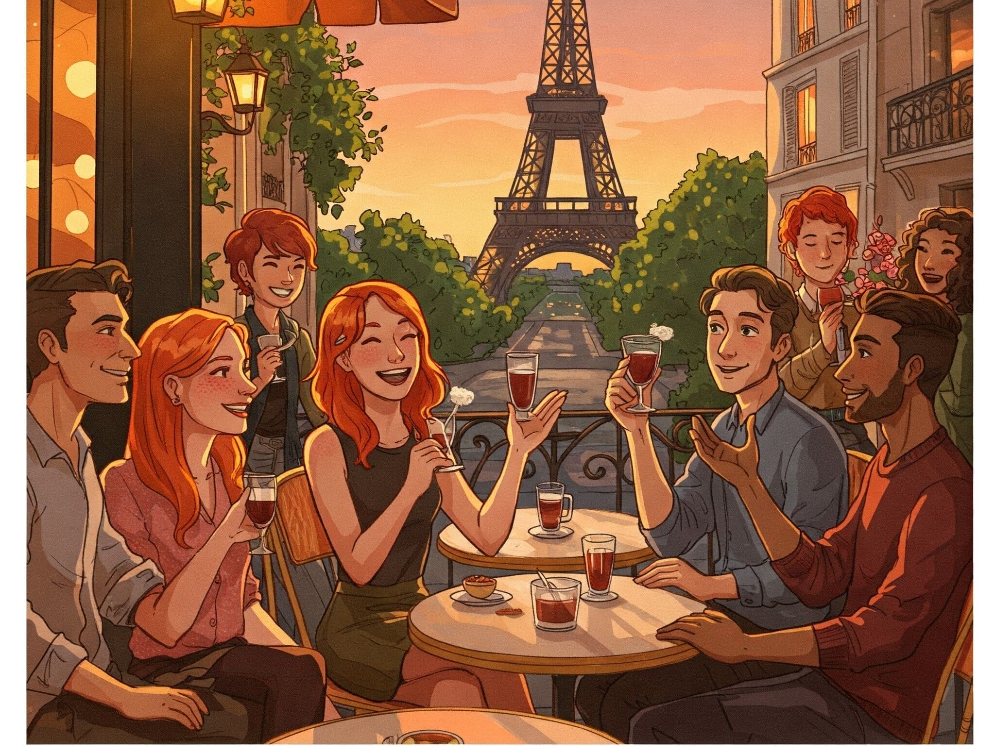夕暮れの中、エッフェル塔を背景に、一群の人々が屋外カフェに座り、飲み物を掲げて微笑んでいます。.
