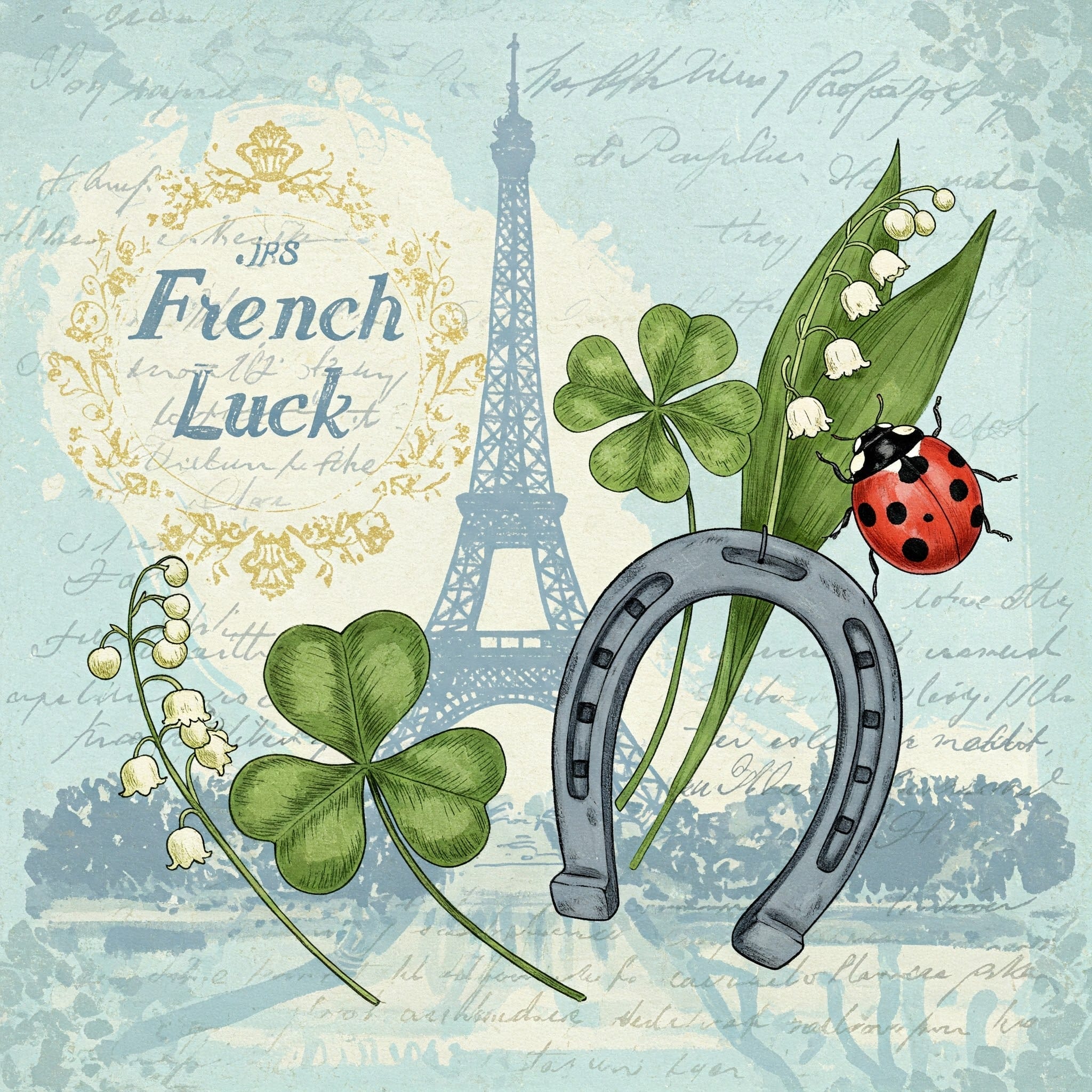 クローバー、スズラン、馬蹄、てんとう虫が描かれたエッフェル塔のイラスト。「フランス」の横には「French Luck（幸運のフランス）」の文字が添えられ、フランスらしい魅力がさらに引き立てられています。.