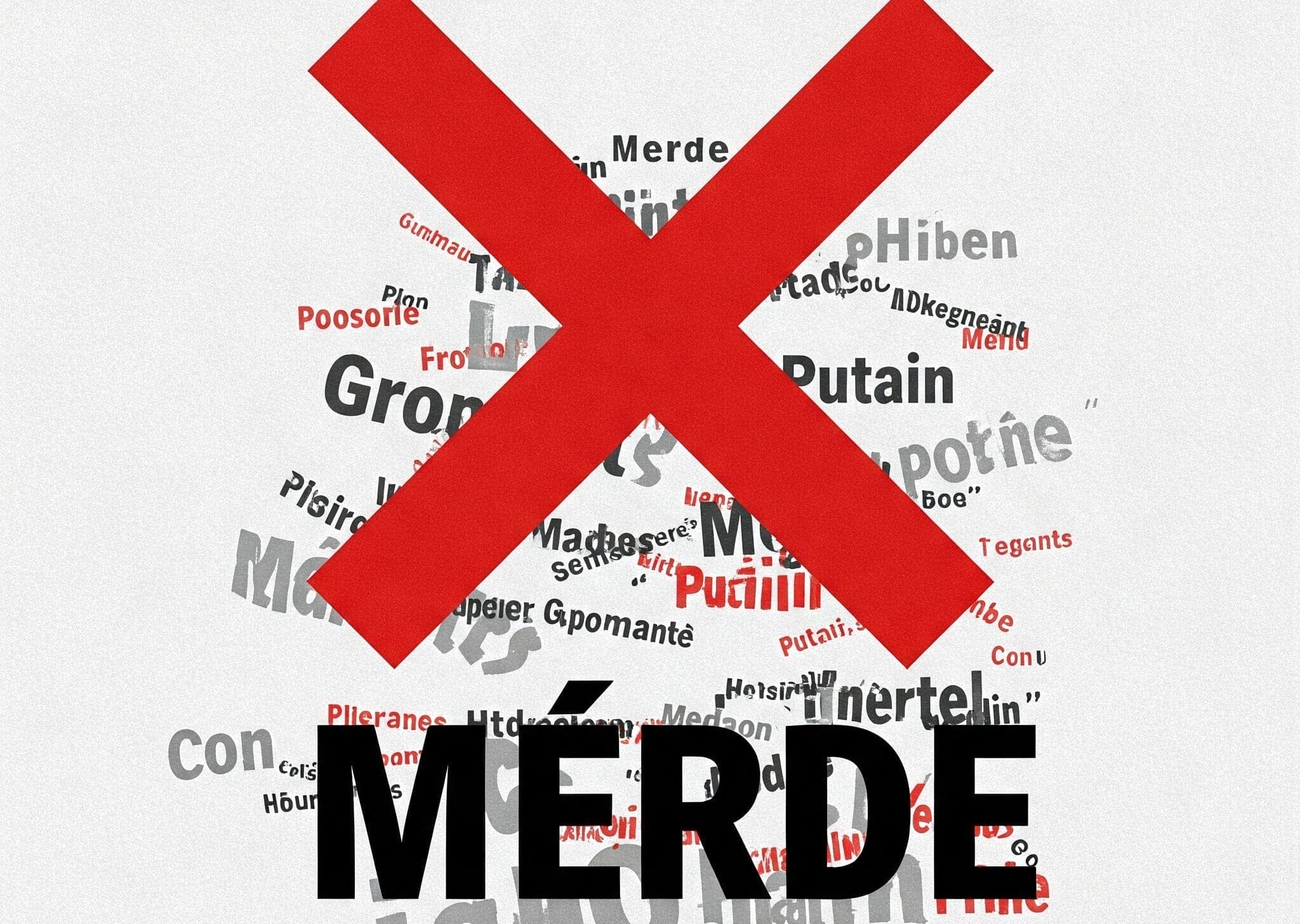 フランス語やその他の言語の罵り言葉の上に大きな赤い×印が重ねられ、その下部には太字の黒字で「MÉRDE」と書かれ、フランスの罵り言葉が強調されている。.