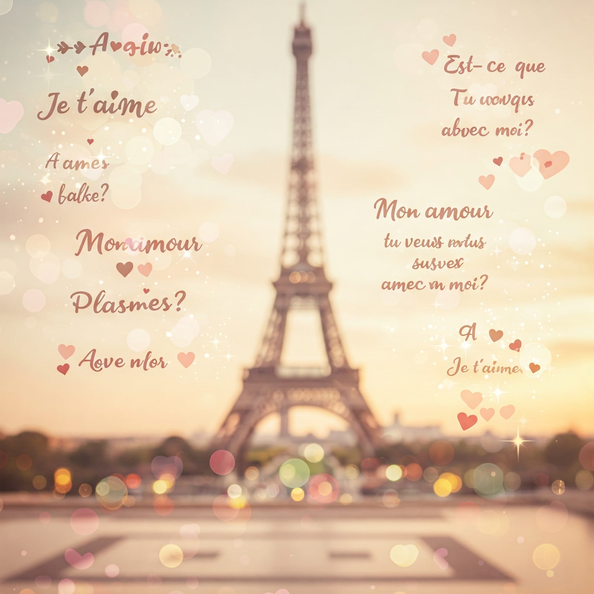 柔らかくぼかした背景にロマンチックなフランス語のフレーズとハートのグラフィックが重ねられたパリのエッフェル塔は、フランスの魅惑的な魅力を呼び起こします。.