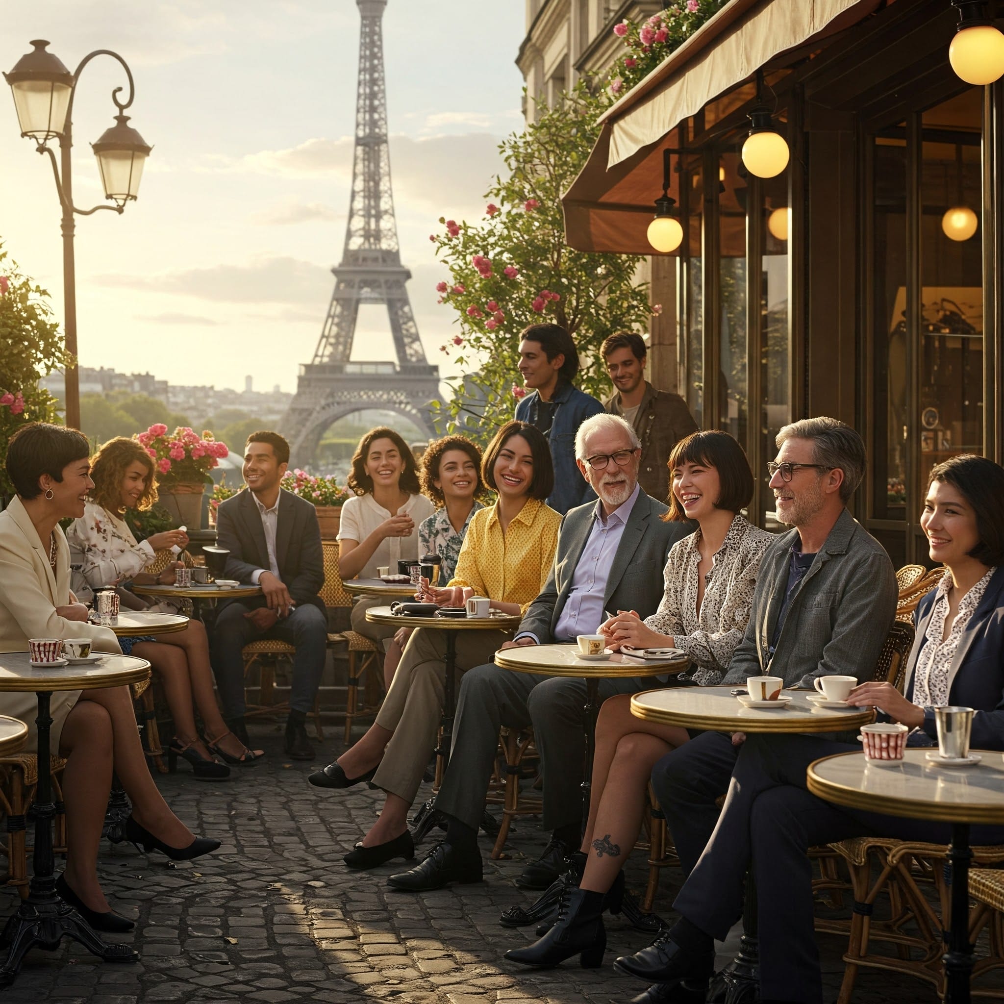 晴れた日に、エッフェル塔を背景に、一群の人々が屋外のカフェのテーブルに座ってコーヒーを飲んでいます。.