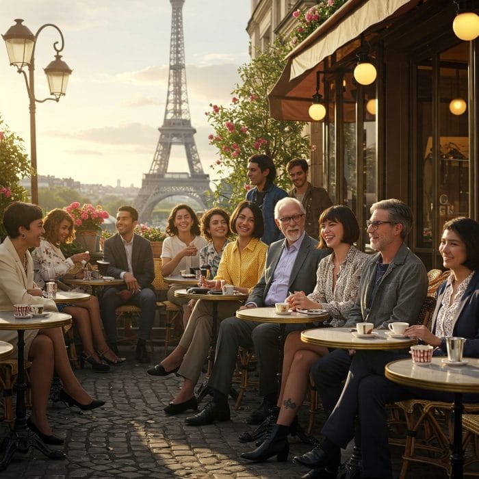 パリのカフェテラスで挨拶を交わす人々