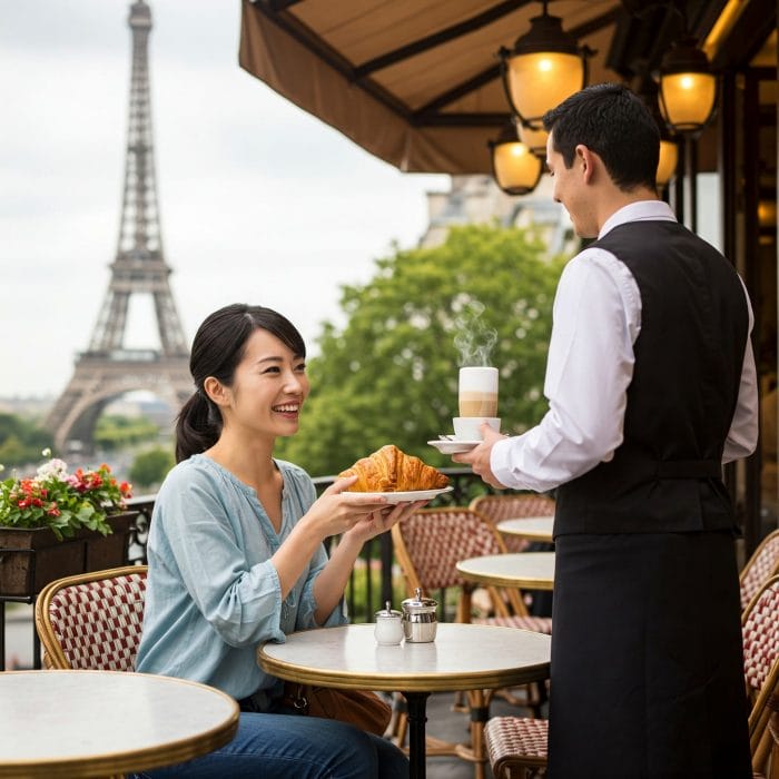 パリのカフェで店員に「Merci!」と笑顔で言う客
