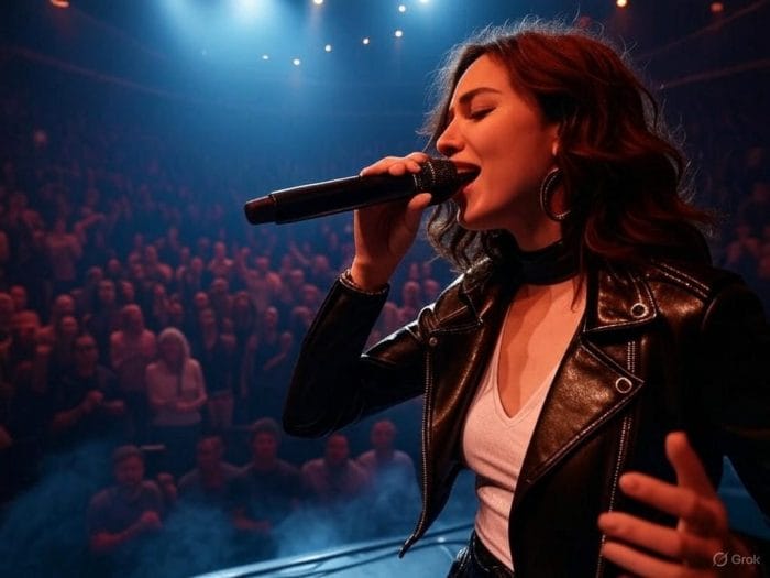 満員のパリのコンサート会場で熱唱するフランス人歌手のイラスト