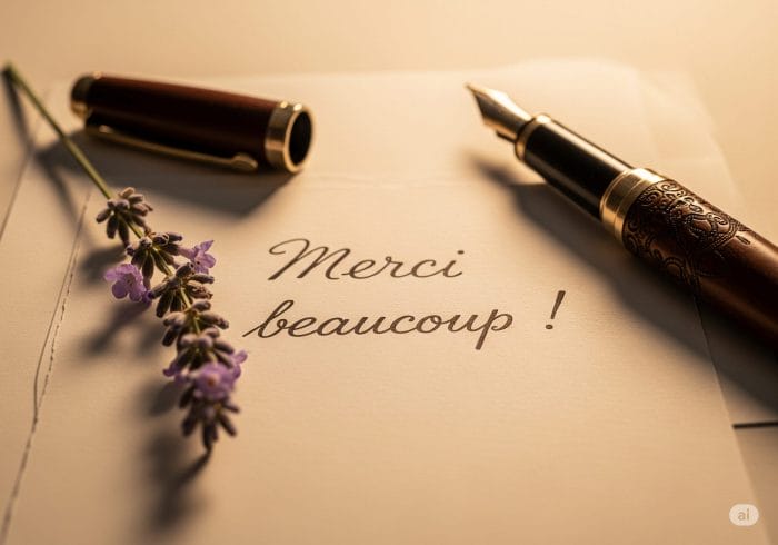 上品な紙にフランス語で書かれた手書きのサンキューノート「Merci beaucoup!」と花