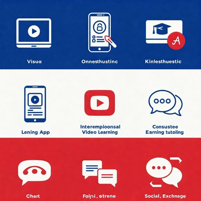 オンラインフランス語の様々な学習スタイルを示すアイコン。