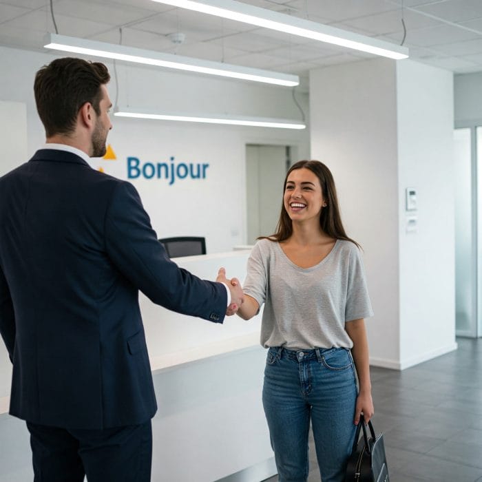 オフィスで「Bonjour」と挨拶を交わす二人の人物