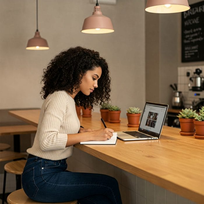 カフェでノートパソコンを使ってフランス語を学習する様子