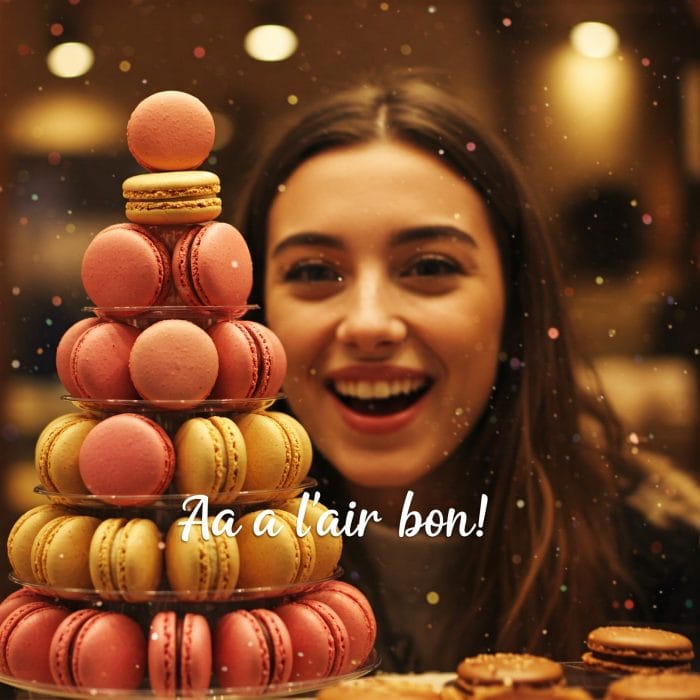 パン屋の窓越しに美しいフランス菓子を嬉しそうに見つめる人。「Ça a l’air bon!」の文字入り。