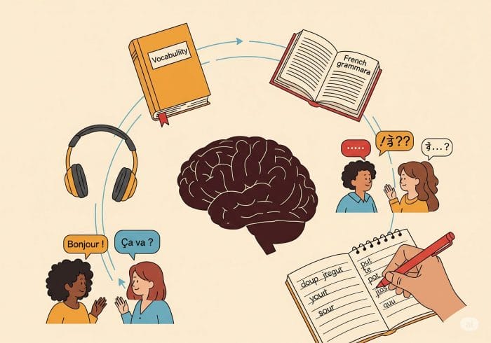 脳を中心に単語帳、文法書、ヘッドフォン、ペンとノート、会話する人々が配置された学習イメージ