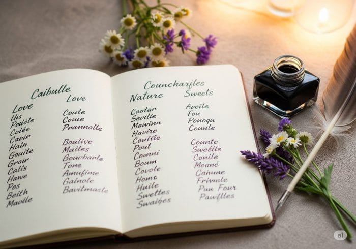 アンティーク調のデスクに広げられたノートに書かれた可愛いフランス語の単語