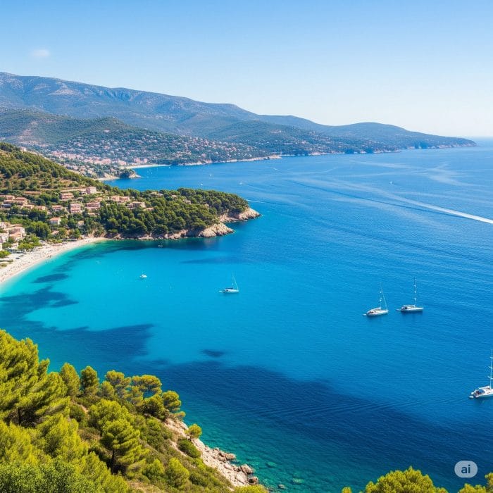 コートダジュールの美しい青い海と空のパノラマ風景