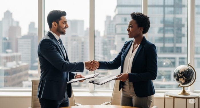モダンな会議室で握手をする2人のビジネスパーソン