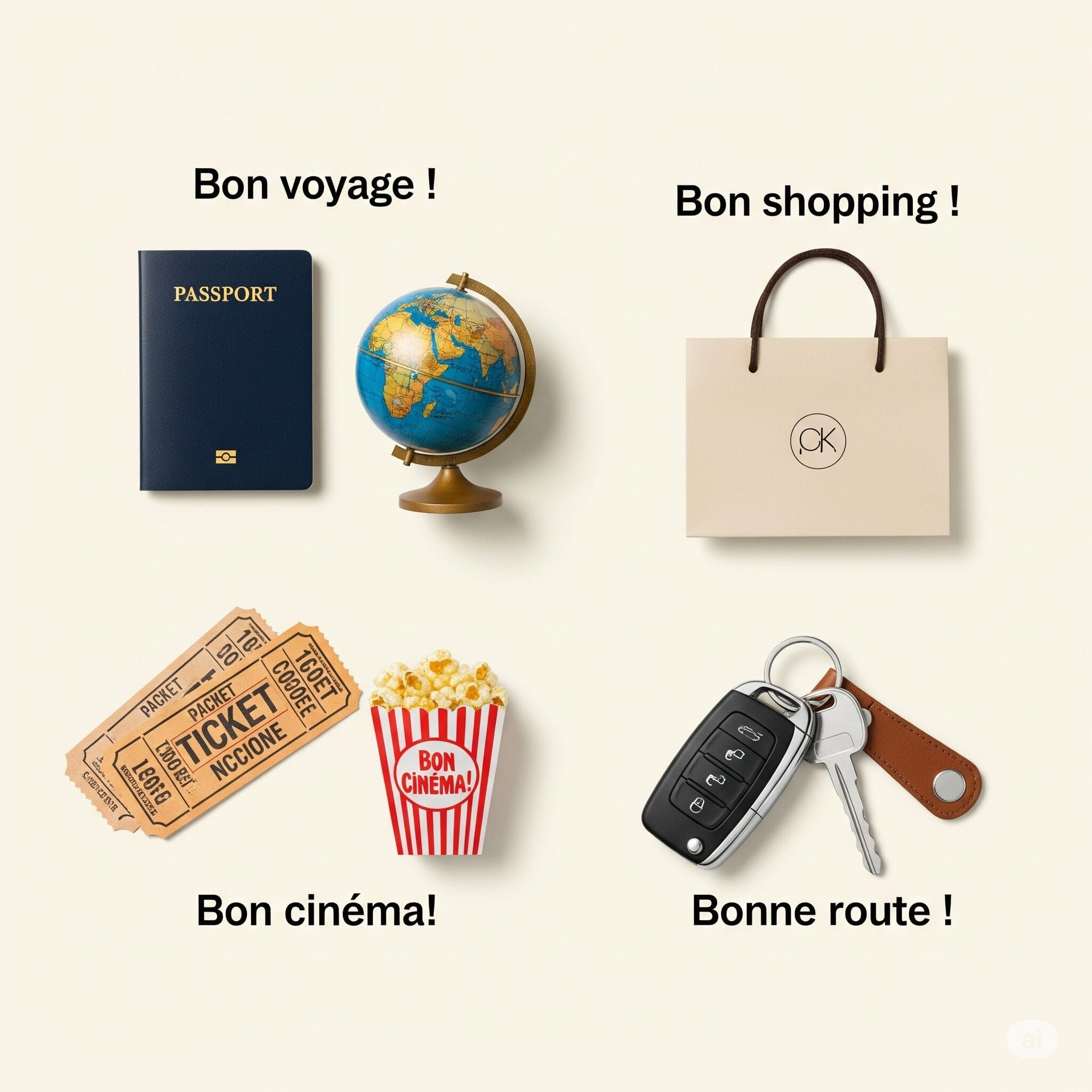 旅行、買い物、映画、ドライブなど様々なアクティビティを象徴するアイテムのフラットレイ