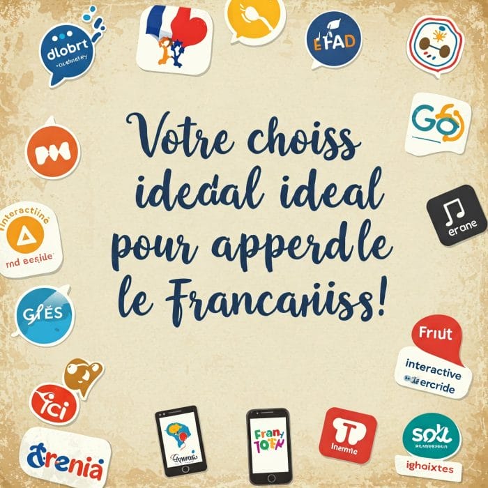 フランスのカフェのメニューボード風背景にオンラインフランス語サービスのロゴやアイコン。「Votre choix idéal pour apprendre le français!」の文字。