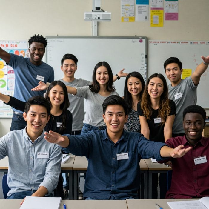 教室で「Je m'appelle」と自己紹介する留学生たち