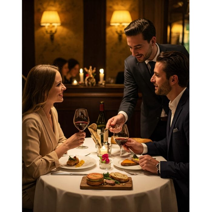 レストランで食事を楽しむカップルとウェイター