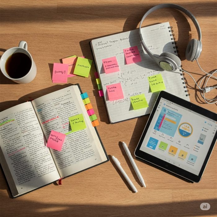 机に置かれたフランス語の教材やタブレット