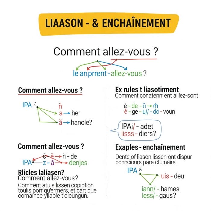 フランス語のリエゾンとアンシェヌマンを説明するインフォグラフィック