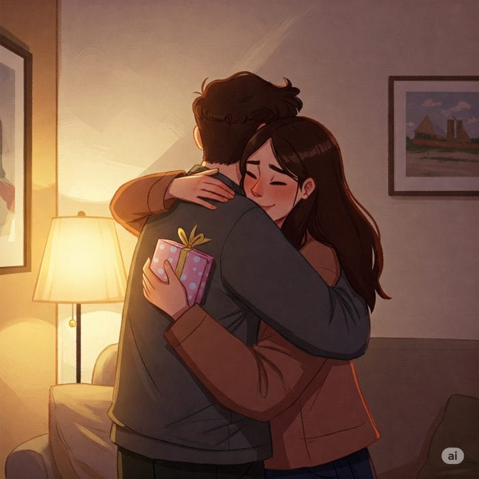 二人の友人がプレゼントを交換し、温かい雰囲気で抱き合っているイラスト。