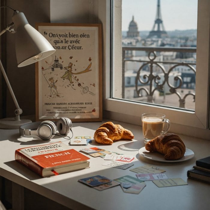 フランス語学習のデスク風景。文法書、単語帳、クロワッサンとカフェオレ。「On ne voit bien qu'avec le cœur.」のポスター。