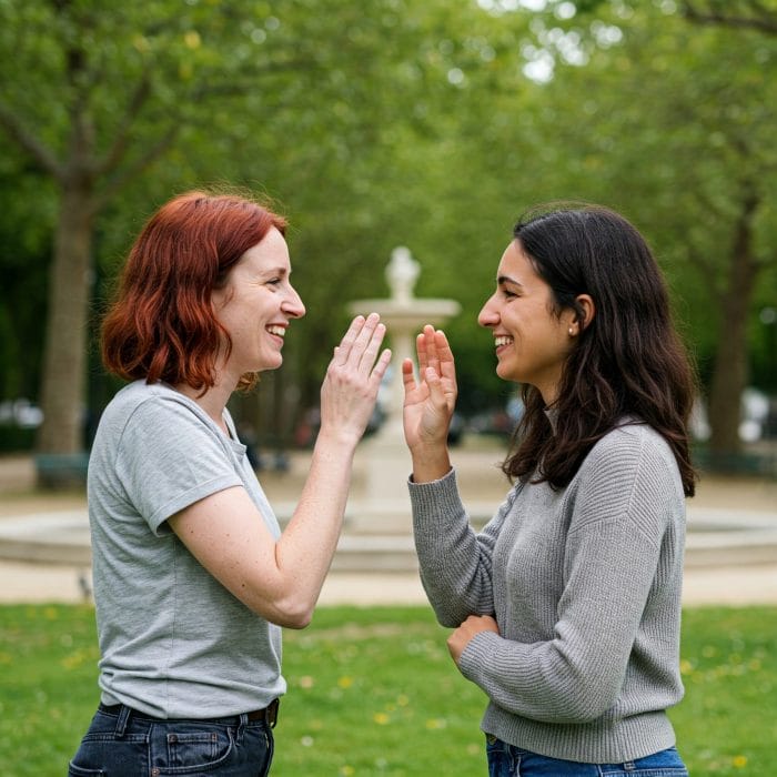 公園で挨拶としてラ・ビーズ（頬へのキス）をする二人のフランス人女性