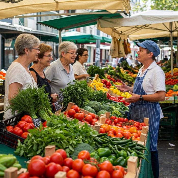 フランスのマルシェで買い物をする人